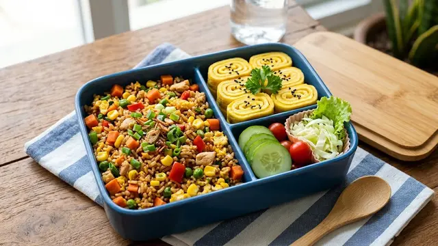 Bento Nasi Goreng Pelangi dengan Telur Gulung