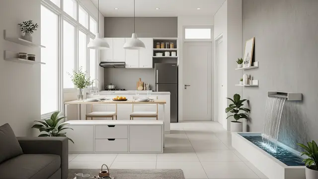 Desain Rumah Kecil dengan Air Terjun Mini di Dinding