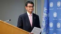 Menteri Luar Negeri Taro Kono dalam sebuah konferensi pers di markas besar PBB, New York, Amerika Serikat, 15 Desember. (Japan Today)