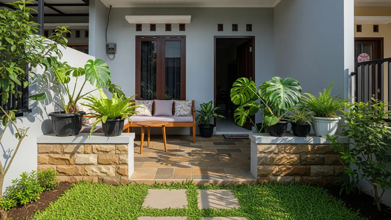 Desain Teras Sederhana Area Hijau untuk Rumah Dengan Material Alami dan Pot Tanaman