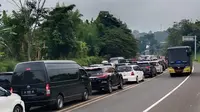 Kemacetan arus lalu lintas di Jalur Puncak, Bogor, Jawa Barat arah Jakarta pada H-1 Natal, Sabtu (24/12/2022). Polisi memberlakukan one way atau satu arah. (Liputan6.com/Achmad Sudarno)