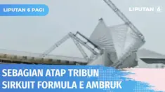 Sebagian atap tribun penonton di Sirkuit Formula E ambruk. Kerangka besi penyangga atap juga tampak miring. Ketua Panitia Formula E, Ahmad Sahroni mengungkapkan tribun ambruk saat hujan deras mengguyur Jakarta.