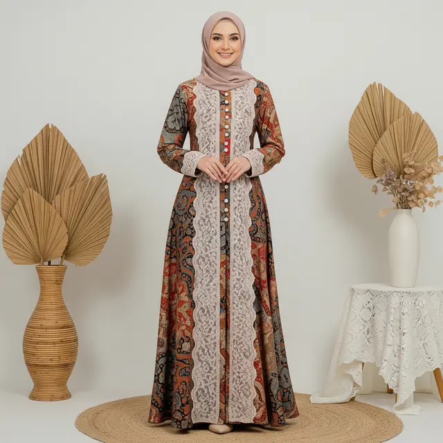 9 Gamis Batik Kombinasi Brokat Lengan Panjang Elegan, Tren Busana Muslimah 2025