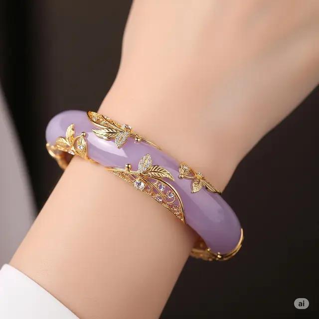 Gelang Giok Lavender Bertatahkan Kristal & Emas