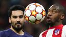 Pemain Manchester City Ilkay Gundogan (kiri) menyaksikan pemain Atletico Madrid Geoffrey Kondogbia mengontrol bola pada pertandingan sepak bola leg kedua perempat final Liga Champions di Stadion Wanda Metropolitano, Madrid, Spanyol, 13 April 2022. Pertandingan berakhir 0-0. (AP Photo/Manu Fernandez)