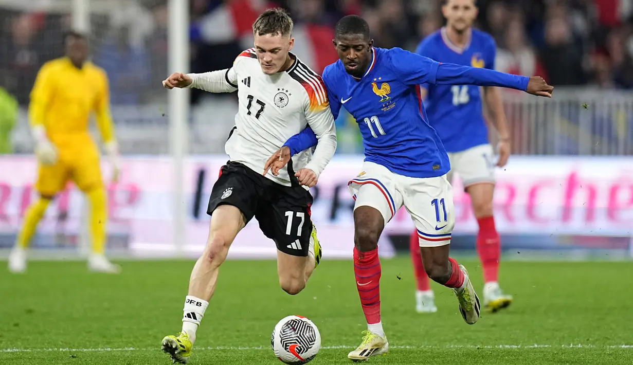 Gol cepat Florian Wirtz pada menit ke-1 mengagetkan pertahanan timnas Prancis. (AP Photo/Laurent Cipriani)