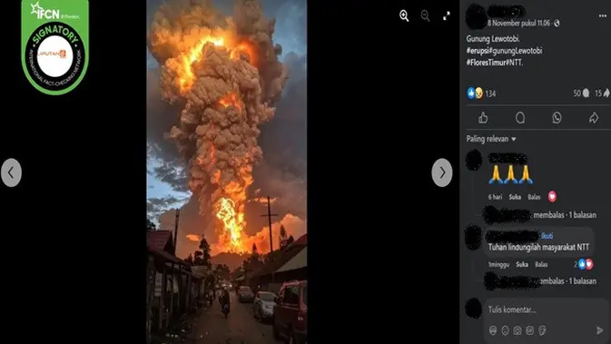 <p>Gambar tangkapan layar foto yang diklaim peristiwa erupsi Gunung Lewotobi. (sumber: Facebook)</p>