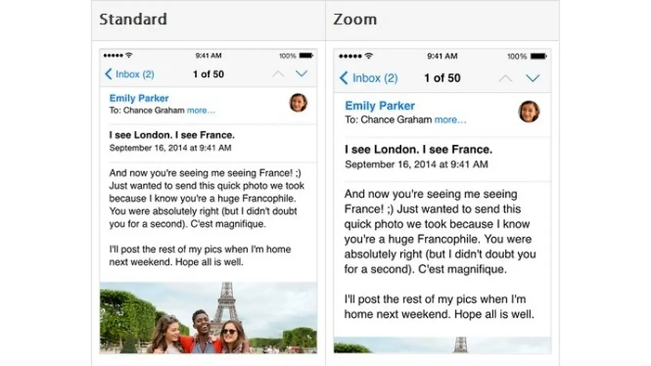 Standard and Zoom tampilan e-mail pada iPhone 6
