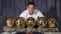 Pada awal Januari, Lionel Messi memulai tahun dengan mendapatkan penghargaan FIFA Ballon d'Or menyingkirkan pesaingnya Cristiano Ronaldo. Sepanjang kariernya bintang Barcelona itu sudah mengoleksi lima trofi Ballon d'Or. (AFP/Miguel Ruiz)