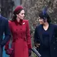 Kate Middleton dan Meghan Markle bersama suaminya Pangeran William dan Pangeran Harry saat menghadiri perayaan Natal kerajaan di Gereja St Mary Magdalene di Sandringham, Inggris (25/12). (AFP Photo/Paul Ellis)