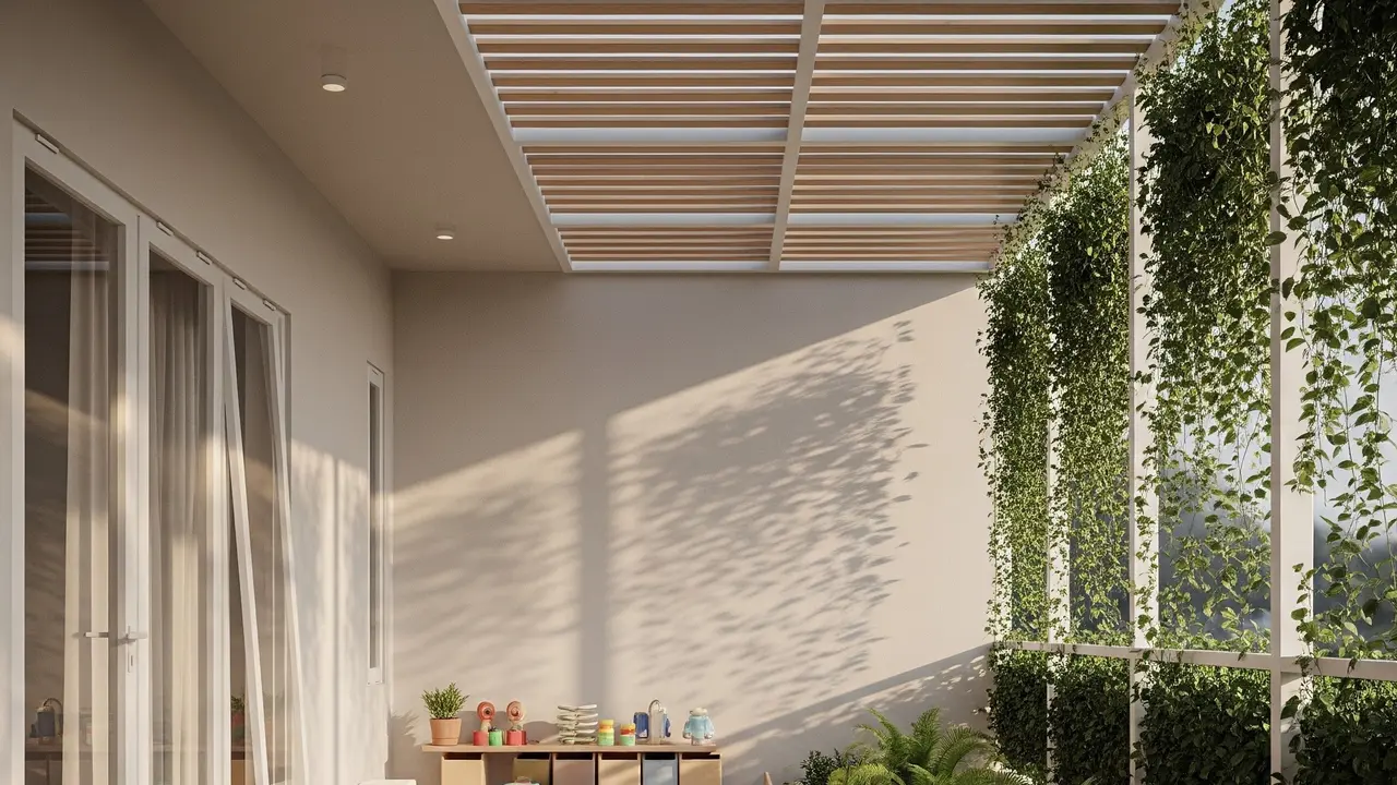 Desain Teras Ramah Balita dengan Kebun Mini Model Teras dengan Area Bermain Beralas Matras