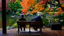 Wisatawan duduk dan mengamati warna-warni dedaunan saat musim gugur di Taman Hibiya, Tokyo Jepang, Selasa (10/12/2019). Pada musim gugur ini dedaunan berubah kekuningan dan kemerahan atau yang juga disebut koyo. (AP Photo/Kiichiro Sato)