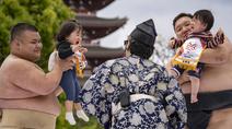 Budaya “Crying Baby Sumo” atau dikenal sebagai Naki Sumo Festival merupakan tradisi unik dari negara Jepang yang melibatkan bayi dan pegulat Sumo. (AFP/Yuichi Yamazaki)