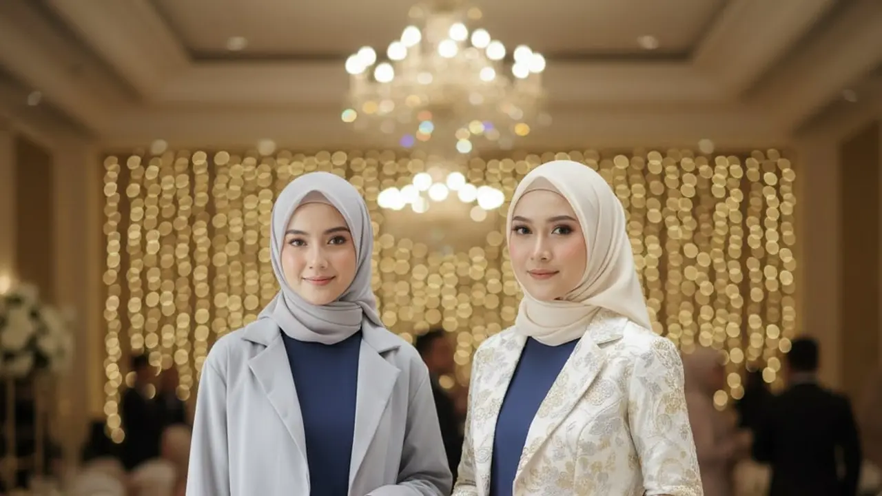 Gamis Navy Polos dengan Blazer Crop Modern Muslimah Formal