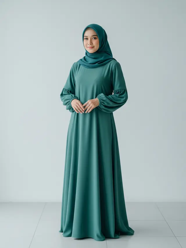Gamis Teal Green yang Cocok untuk Lebaran 2026 Model Puffy Sleeve Minimalis