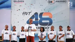Dirut PT Askrindo, Andrianto Wahyu memberikan sambutan pada acara HUT ke-48 Askrindo di Ancol Fantastique, Jakarta, Sabtu (6/4). Kegiatan mengusung tema "Satu Langkah Satu Tujuan Kita Tingkatkan Daya Saing Perusahaan” dihadiri ratusan karyawan beserta keluarga. (Liputan6.com/HO/Iqbal)