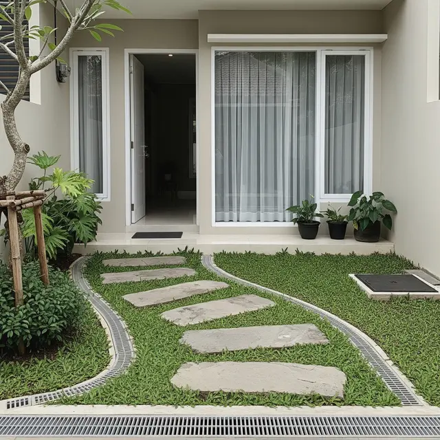 9 Desain Teras dengan Drainase Tersembunyi dan Batu Alam, Estetik Bebas Genangan