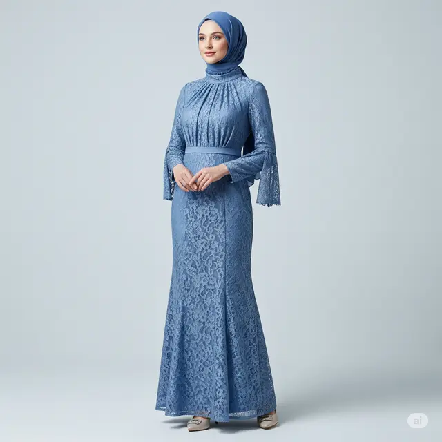Inspirasi Gaun Pesta Muslimah High Neck Lace.