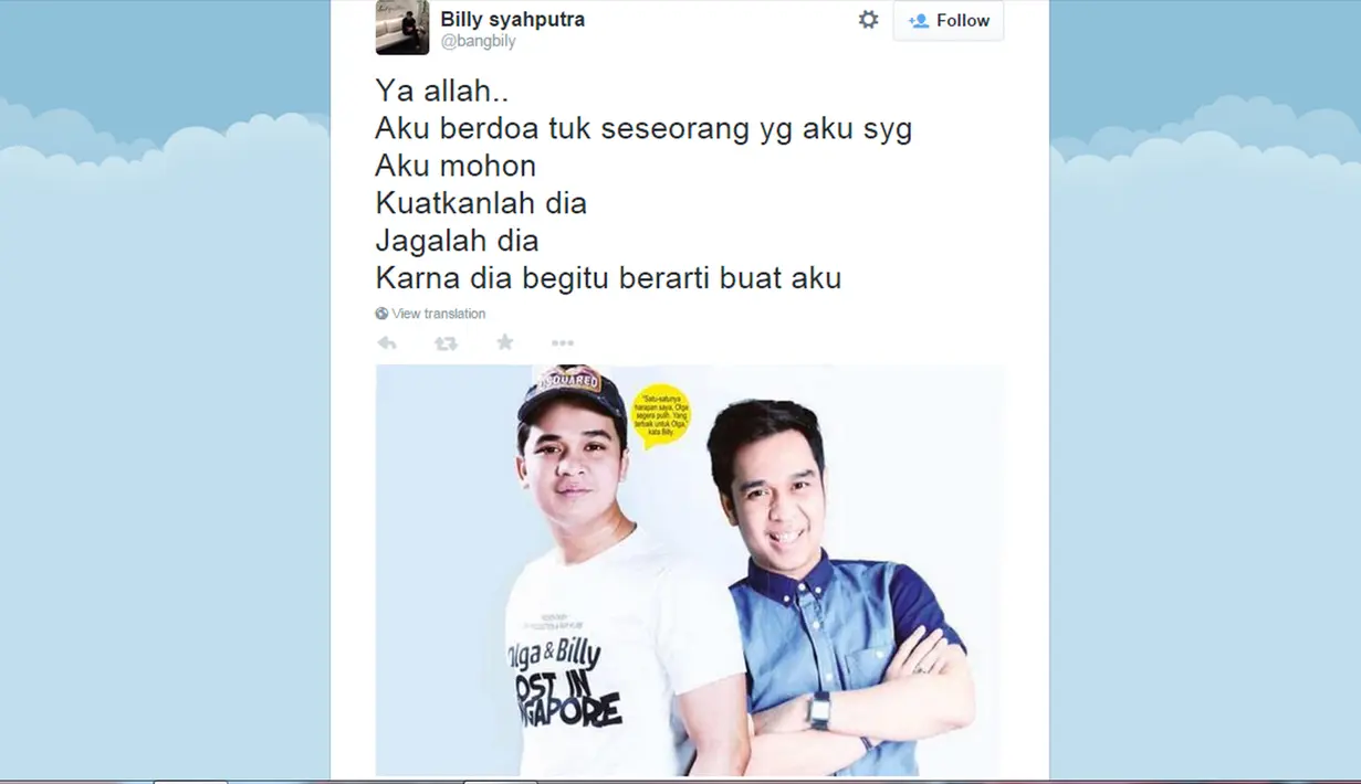 Billy memasang foto bersama Olga disertai sebuah doa agar Tuhan menguatkan dan menjaga Olga (11/12/2014).(Twitter.com/@bangbily)