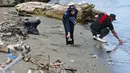 Tidak hanya plastik, sampah organik seperti sisa tempurung kelapa muda, kayu dan lainnya juga diberrsihkan dari pantai. (CHAIDEER MAHYUDDIN/AFP)