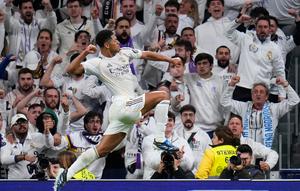 Selebrasi Jude Bellingham dalam laga Liga Spanyol antara Real Madrid vs Sevilla, Minggu (21/12/2025). (AP Photo/Manu Fernandez)