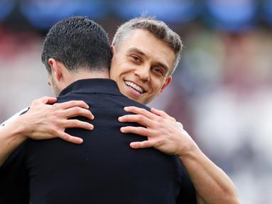 Arsenal meraih kemenangan tipis 1-0 atas West Ham pada pekan ke-36 Premier League 2025/2026 di London Stadium, Minggu (10/5/2026) dini hari WIB. Laga berjalan ketat dan ditentukan di menit-menit akhir. (AP Photo/Ian Walton)