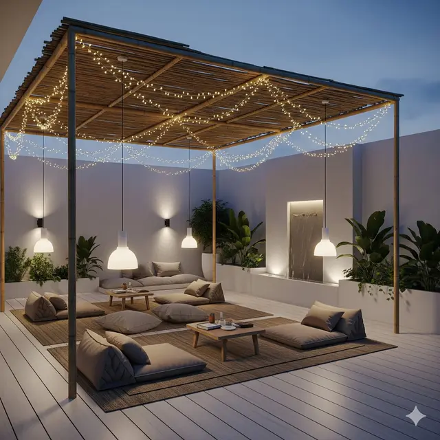 Desain Teras Rumah Minimalis Konsep Lesehan. Foto: Gemini