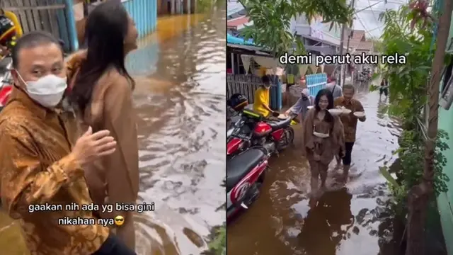 Viral Perjuangan Makan di Nikahan saat Banjir, Curi Perhatian Warganet