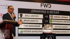 CEO Mahaka, Hasani Abdulgani memberikan keterangan usai menggelar Drawing 8 Besar Turnamen Piala Presiden 2015 di Jakarta, Jumat (11/9/2015). Babak 8 Besar Piala Presiden 2015 akan berlangsung pada 19 dan 26 September. (Liputan6.com/Helmi Fithriansyah)