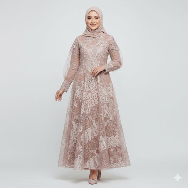 7 Gamis Batik Kombinasi Tule Brokat Warna Soft untuk Acara Akad ...