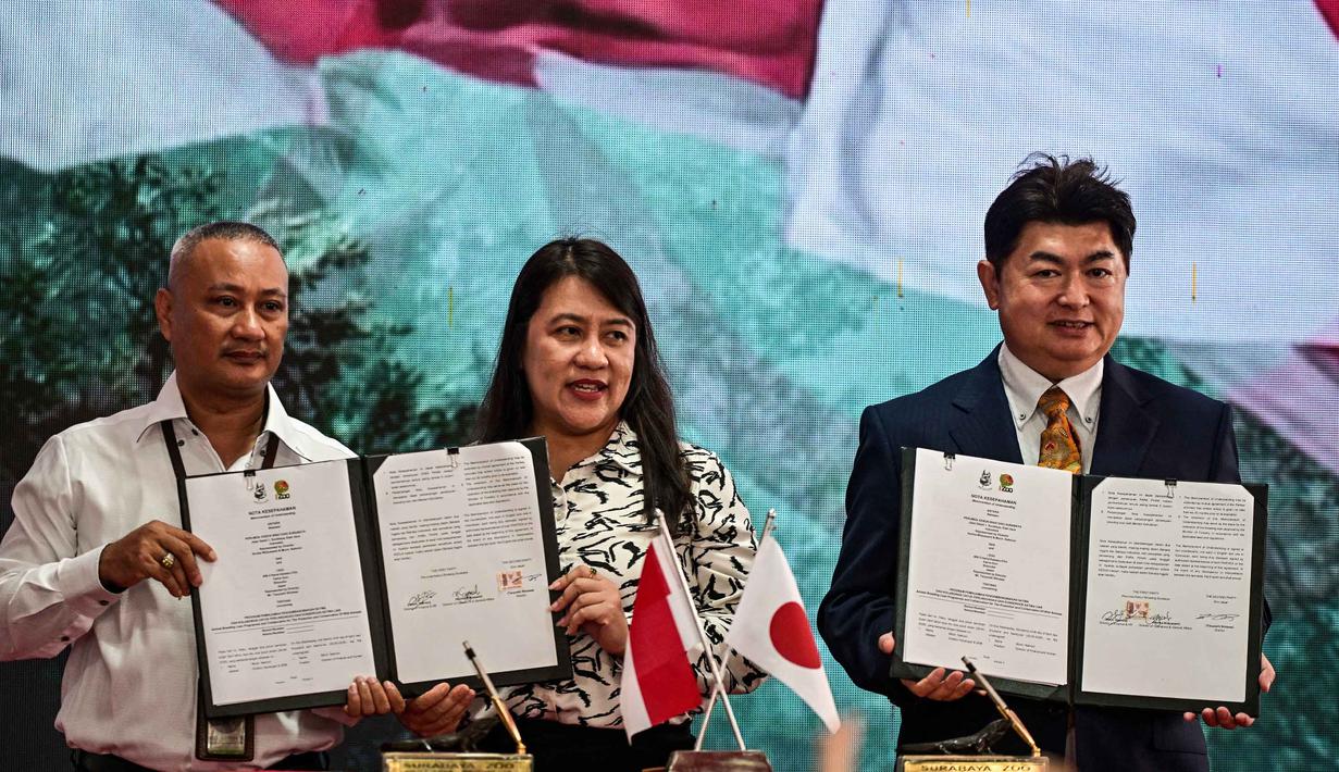 Direktur iZoo Jepang Tuyoshi Shirawa (kanan), Direktur Operasi dan Urusan Umum Kebun Binatang Surabaya Nurika Widyasa (tengah), dan Direktur Keuangan dan Sumber Daya Manusia (SDM) Kebun Binatang Surabaya, Moch. Nahroni memperlihatkan nota kesepahaman yang telah ditandatangani mengenai kerja sama dalam perlindungan dan konservasi satwa liar antara Indonesia dan Jepang di Kebun Binatang Surabaya, Jawa Timur, pada Rabu 29 April 2026. (JUNI KRISWANTO/AFP)