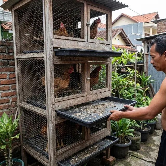 Desain Kandang Ayam Kolong dengan Tray Tarik