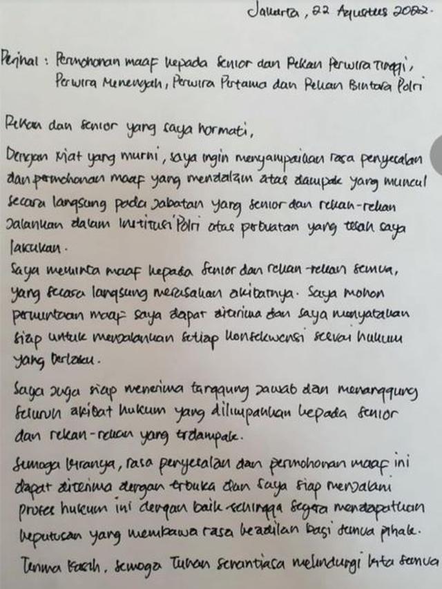 Surat Permintaan Maaf Mantan Kadiv Propam Polri Ferdy Sambo (Foto: Dok Pribadi)