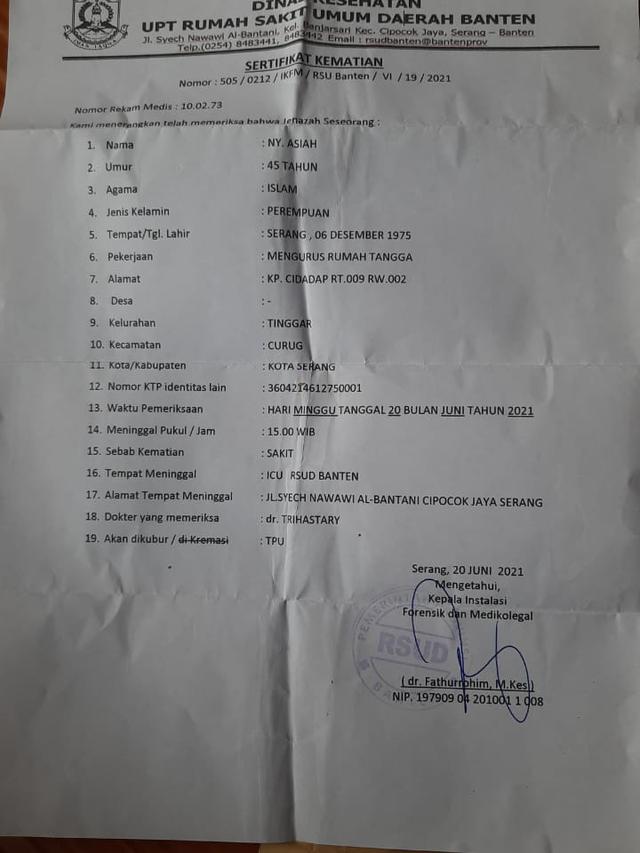 Surat Resmi Kematian Almarhum Dari RSUD Banten. (Sabtu, 26/06/2021).