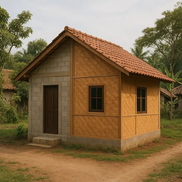 Model Rumah Sederhana Batako dengan Dinding Anyaman Bambu di Desa (Image by ChatGPT)