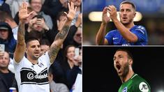 Striker Fulham, Aleksandar Mitrovic, bersama gelandang Chelsea, Eden Hazard, menjadi pimpinan sementara daftar pencetak gol terbanyak Liga Inggris. Berikut top scorer Premier league hingga pekan keenam. (Kolase foto-foto AFP)