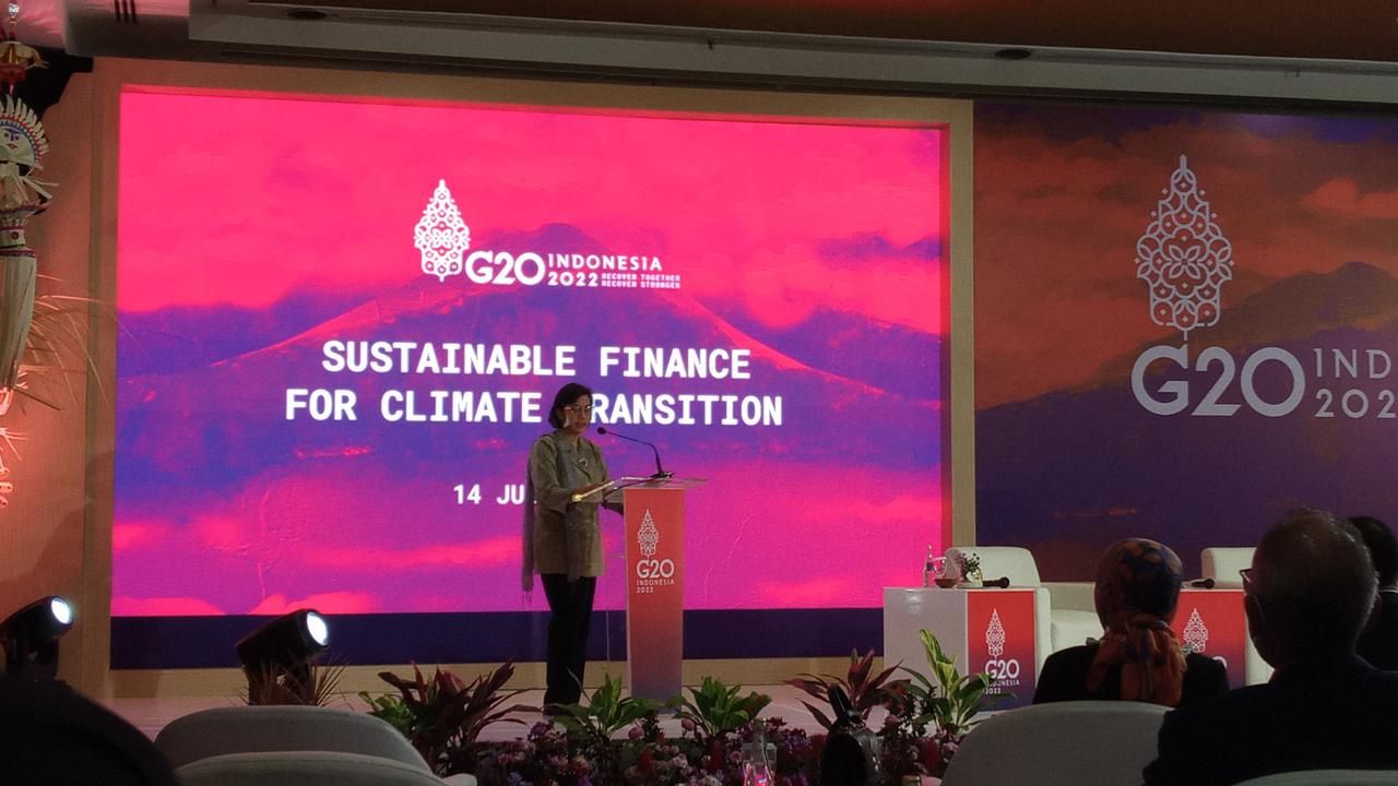 Menteri Keuangan Sri Mulyani Indrawati dalam Sustainable Finance for Climate Transition, Bali International Convention Center, Nusa Dua, Bali, Kamis (13/7/2022).