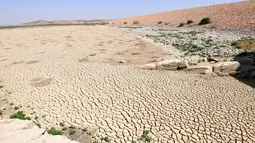 Tanah di dasar bendungan El-Haouareb mengalami retak-retak akibat kekeringan di dekat Kairouan, sekitar 160 km selatan Tunis, Tunisia, 13 Juli 2017. Wilayah ini mengalami kekeringan parah yang disebabkan oleh kemarau berkepanjangan. (FETHI BELAID/AFP)