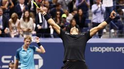 Ekspresi Rafael Nadal setelah mengalahkan petenis Afrika Selatan, Kevin Anderson pada final tunggal putra AS Terbuka 2017 di USTA Billie Jean King National Tennis Center,  New York, (10/9/2017). Rafael Nadal menang 6-3, 6-3, 6-4. (AP/Peter Morgan)