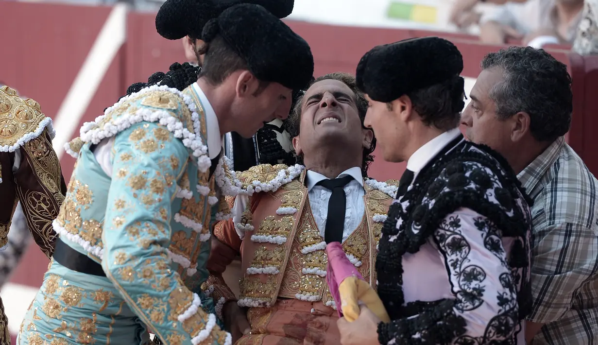 Sejumlah matador lainnya membantu Ivan Fandino setelah ditanduk oleh banteng lawannya saat tampil dalam sebuah arena di Prancis barat daya, Sabtu (17/6). Fandino segera dibawa ke rumah sakit terdekat namun meninggal di tengah perjalanan. (IROZ GAIZKA/AFP)