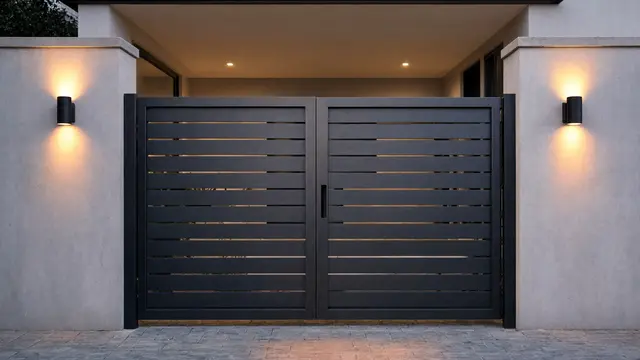 Pagar Besi dengan Kisi Horizontal dan Aksen Lampu