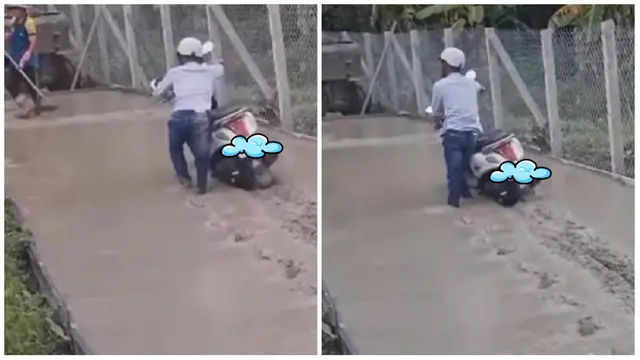 6 Potret Motor Terjebak di Jalan Cor Basah Ini Bikin Elus Dada