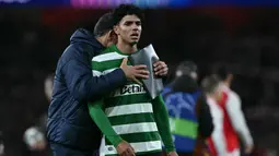 Bermain imbang tanpa gol tersebut cukup membawa The Gunners lolos berkat keunggulan agregat 1-0. Tampak dalam foto, ekspresi gelandang Sporting CP asal Portugal, Joao Simoes setelah pertandingan leg kedua perempat final Liga Champions 2025/2026 melawan Arsenal di Stadion Emirates, London Utara pada Rabu 15 April 2026 waktu setempat atau Kamis (16/4/2026) dini hari WIB. (Ben STANSALL/AFP)