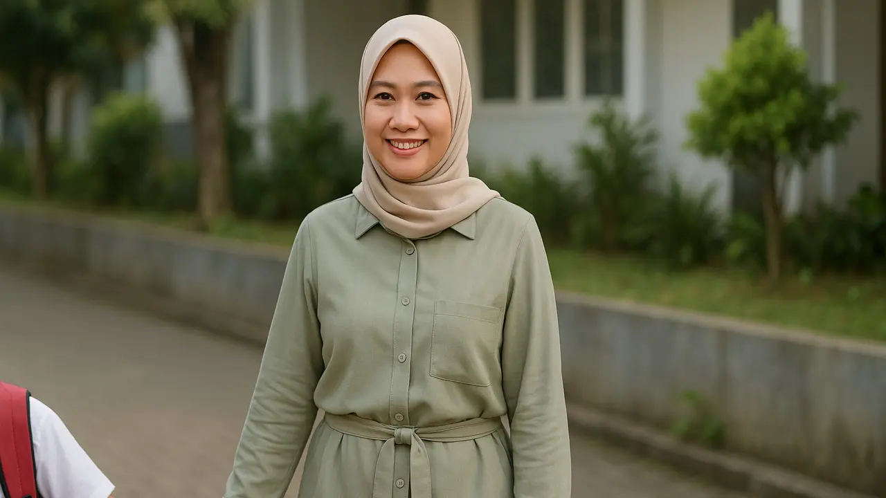 Inspirasi Baju Simpel Antar Anak Sekolah untuk Ibu-ibu Berhjiab (Foto: ChatGPT)
