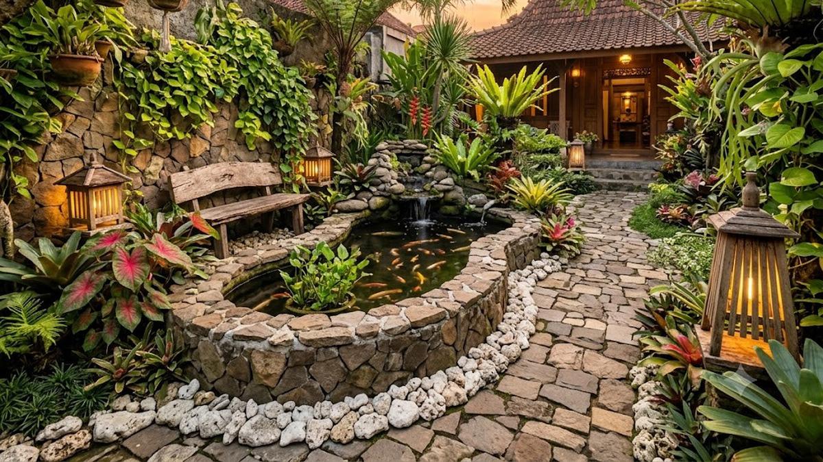 6 Desain Taman Depan Rumah dengan Kolam Ikan, Batu Koral Putih, dan Lampu Taman Minimalis