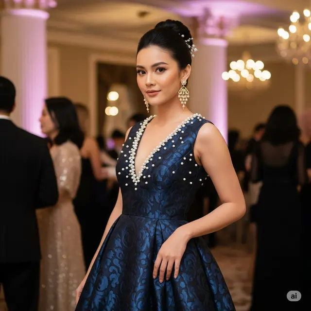 Aplikasi Mutiara di Kerah V-Neck