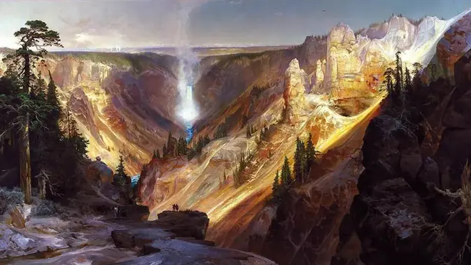 <p>Blue Marble dapat menginspirasi rasa kagum serupa pada gambar seperti Grand Canyon of the Yellowstone karya Thomas Moran. (Museum Departemen Dalam Negeri AS)</p>