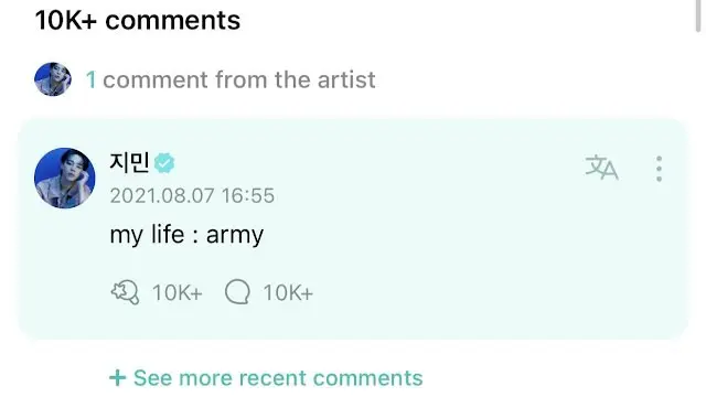 Komentar Manis Jimin di Weverse.