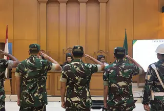 Empat anggota TNI terdakwa kasus penyiraman air keras terhadap aktivis KontraS, Andrie Yunus. (Liputan6.com/Ady Anugrahadi)