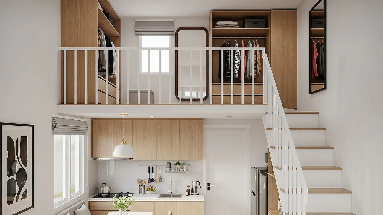 Inspirasi Rumah Kecil Mezzanine dengan Walk-in Closet di Ruang Atas